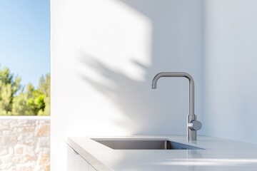 Poster - modern minimalist kitchen with sleek countertops and stainless steel appliances bathed in natural light