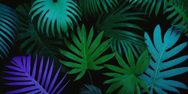 Creative fluorescent color layout made of tropical leaves. Flat-lay neon colors. Nature concept. Palm leaves neon. Tropical leaf banner.colors, concepts, fantasy, horizontal, inspiration, 45