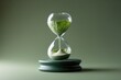 © PURE SP - A unique hourglass featuring green leaves and sand against a muted green backdrop, symbolizing the passage of time and nature's beauty