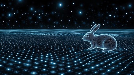 Fototapete - 3D wireframe hologram rabbit in neon colors on dark background with captivating glowing grid