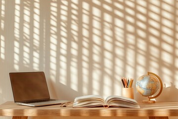 Poster - serene study area with wooden desk laptop and open textbooks bathed in soft morning light