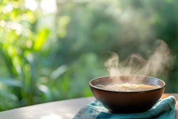 Poster - serene view of steaming bowl of soup placed on cozy table setting surrounding decor creating warm and caring atmosphere