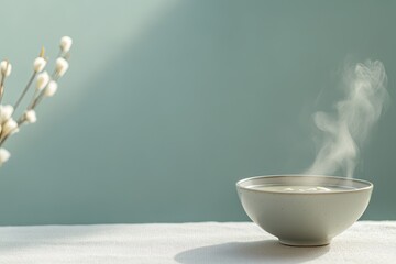 Poster - serene view of steaming bowl of soup placed on cozy table setting surrounding decor creating warm and caring atmosphere