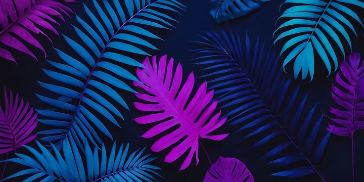 Creative fluorescent color layout made of tropical leaves. Flat-lay neon colors. Nature concept. Palm leaves neon. Tropical leaf banner.colors, concepts, fantasy, horizontal, inspiration, 9