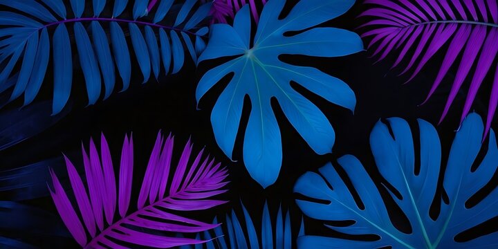 Creative fluorescent color layout made of tropical leaves. Flat-lay neon colors. Nature concept. Palm leaves neon. Tropical leaf banner.colors, concepts, fantasy, horizontal, inspiration, 56