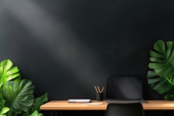 Poster - sleek and modern office desk bathed in natural light displaying laptop notepad and pencil surrounded by greenery symbolizing