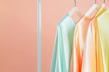 Poster - stylish close-up of silk dresses hanging on minimalist clothing rack backstage vibrant pastel tones creating clean