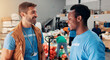 © peopleimages.com - Smile, men and volunteer with food at warehouse of grocery donation, collaboration and charity aid. Happy, people and teamwork of community outreach, social responsibility and non profit distribution