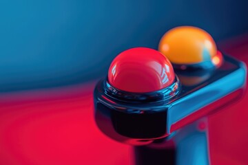 Close-up of two vibrant red and orange buttons on a dark, glossy control panel.