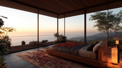 Poster - Modern minimalist bedroom design featu a stylish wooden bed with rose petals in a photorealistic rende for a serene and inviting space atmosphere