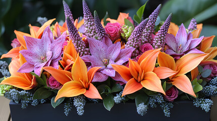 Poster - A vibrant floral arrangement featuring a mix of orange lilies, purple flowers, and lush greenery, perfect for adding color to any setting