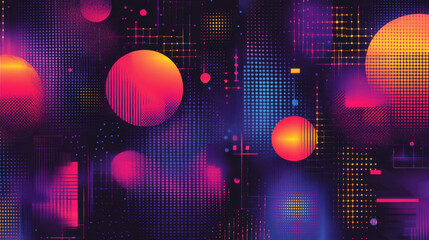 Wall Mural - abstract neon circles and grid pattern background