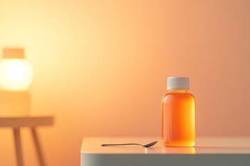 Aufkleber - close-up of bottle of cough syrup and spoon on bedside table with lamp softly illuminating background creating serene
