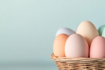 Poster - close-up of colorful easter eggs arranged in wicker basket with soft lighting highlighting vibrant details and leaving