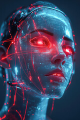 Poster - A striking close-up of a futuristic woman adorned with glowing digital patterns, embodying the fusion of technology and humanity.