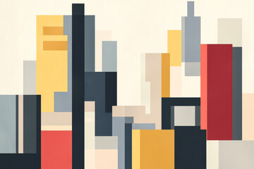 Poster - This artwork illustrates a dynamic urban landscape composed of geometric shapes and bold colors that convey modernity and creativity.