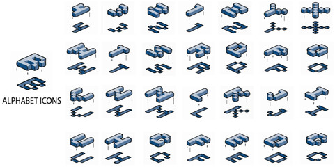 Poster - Alphabet simple concept 24 colour icons set. Contains such alphabet, typescript, text, three dimensional .Vector illustration.
