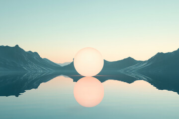 Poster - A tranquil sphere is reflected on a calm lake surrounded by mountains, enhancing the sense of peace and harmony in nature.