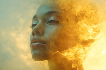 Poster - A stunning portrait with glowing colors, highlighting human emotions through abstract elements of light and texture in harmony.