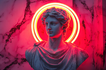 Poster - A striking marble bust illuminated by a neon halo, blending classical sculpture with modern artistic expression and vibrancy.