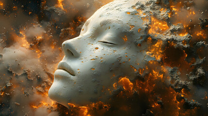 Poster - A serene face emerges from an explosion of fiery textures, blending elements of beauty and chaos in a dramatic, surreal composition