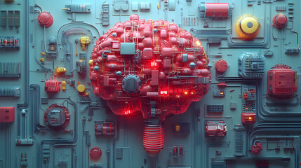 Aufkleber - A futuristic depiction of a brain made of technology, featuring intricate circuits and glowing components, symbolizing the blend of human intelligence and artificial systems