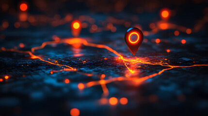 Poster - A vibrant digital landscape featuring glowing map markers and intricate circuitry, representing navigation and location technology