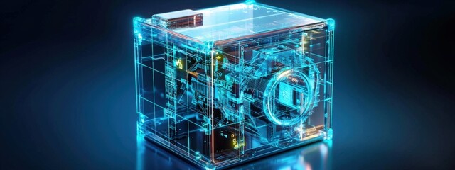 Poster - A futuristic safe visualized with holographic elements