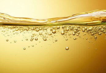 Poster - Close-Up of Bubbles Rising in Clear Liquid with Golden Background, Capturing Elegance and Refreshment in a Unique Perspective