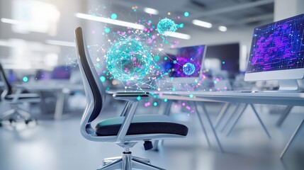 Poster - A futuristic workspace with holographic screens and sleek, ergonomic chairs