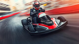 Go-karting Thrill: A lone driver navigates a high-speed go-kart around a winding racetrack. the image captures the excitement and adrenaline of a competitive karting experience.