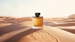 © Vladimir - A perfume bottle on pale sand.