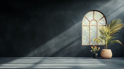 Poster - Dark room with arched window, sunlight, and plants