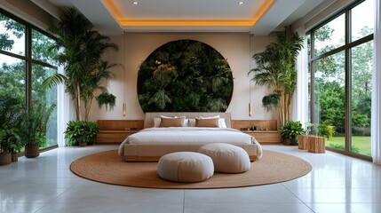 Poster - Luxurious photorealistic bedroom design with circular living wall headboard large lush greenery and abundant potted plants for serenity and comfort