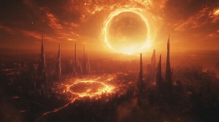 Wall Mural - A futuristic city on the edge of a black hole, with its towers glowing from the intense light 