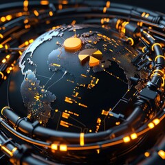 Poster - A globe encircled by oil pipelines with a floating pie chart of global fuel prices.