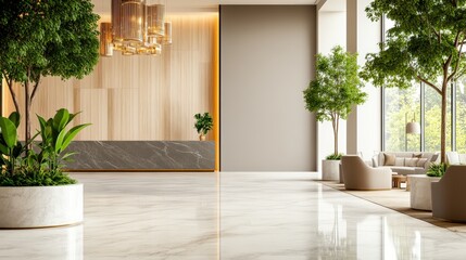 Poster - Elegant photorealistic hotel lobby rende featu marble floor sleek reception lush trees modern seating areas near large and stylish decor