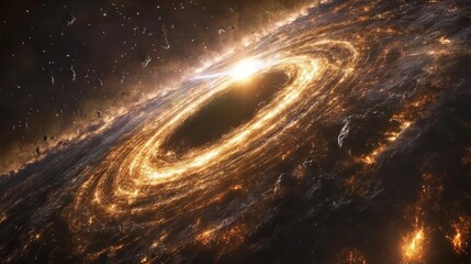 Wall Mural - An enormous black hole surrounded by a glowing ring of gas, with space debris spiraling toward it 