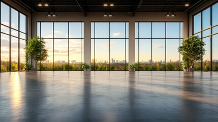 Poster - Photorealistic Empty Concrete Expanse with Expansive Showcasing a Serene Sunset View of Nature's Beauty and Vast Open Space in High Fidelity
