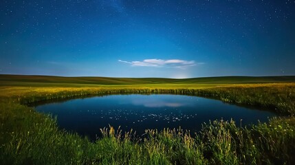 A glowing fish pond surrounded by fields under a starry night