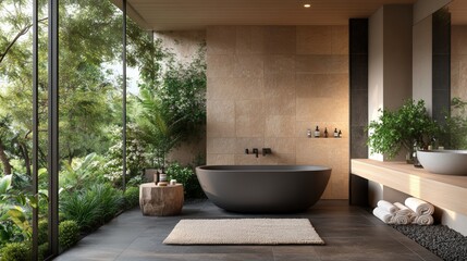 Poster - Luxurious spa-inspired bathroom featu a freestanding dark bathtub, expansive , lush greenery and elegant earth-toned materials in harmony