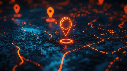 Poster - futuristic city map with glowing routes and location pins highlighting a network of interconnected destinations in a vibrant digital landscape
