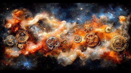 Poster - Abstract Celestial Space Featuring Mechanical Gears And Cosmic Elements