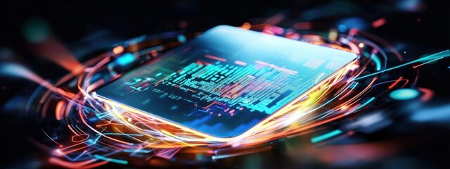 Poster - A holographic business card floating with glowing financial data
