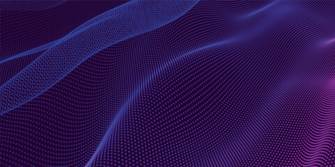 Poster - Futuristic dot wave. Abstract digital particle wave. Technology background. Colored musical wave. Dark background. Digital background with smooth, wavy curves. 3D vector illustration