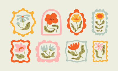 Poster - Colorful floral frame illustration set. Vintage style flower design collection. Geometric natural bouquet decoration, spring season nature flowers.	