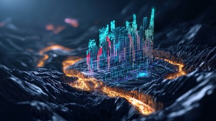 Poster - A holographic energy price ticker floating above a massive coal mine.