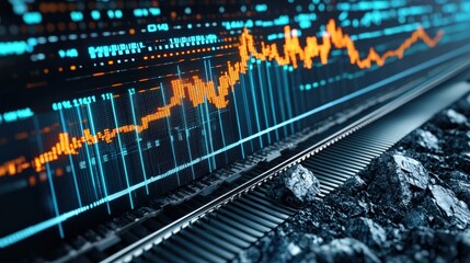 Poster - A holographic energy price ticker floating above a massive coal mine.