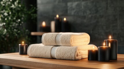 Poster - Luxurious Spa Ambiance with Fluffy Beige Towels and Softly Glowing Black Candles on Wooden Table Set in a Dimly Lit, Relaxing Environment