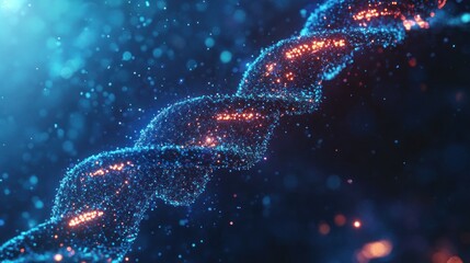 Poster - abstract representation of a luminous dna strand with blue and orange bioluminescence for scientific and technological visualizations